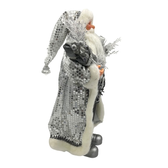Sparkling Silver 18" Sequin Santa Claus Figurine Festive Holiday Decor - Picture 6 of 8